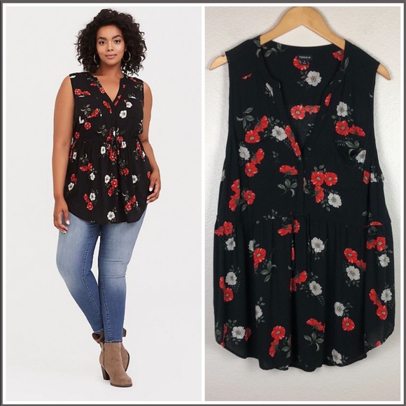 torrid Tops - Torrid  Emma Black Floral Challis Drawstring Babydoll Tunic
